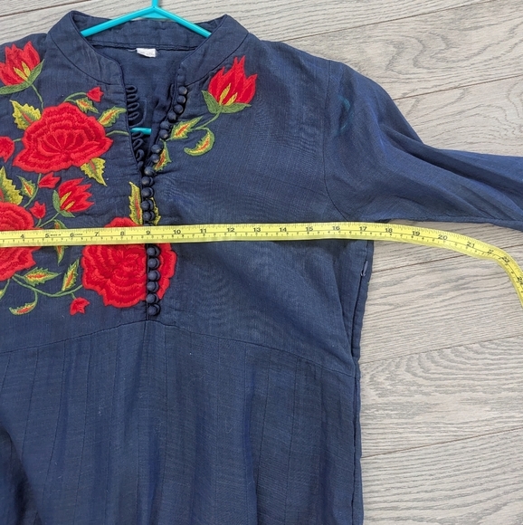 Blue Linen Indian Long Sleeve Kurta With Red Floral Embroidery- Sm New - Picture 3 of 5